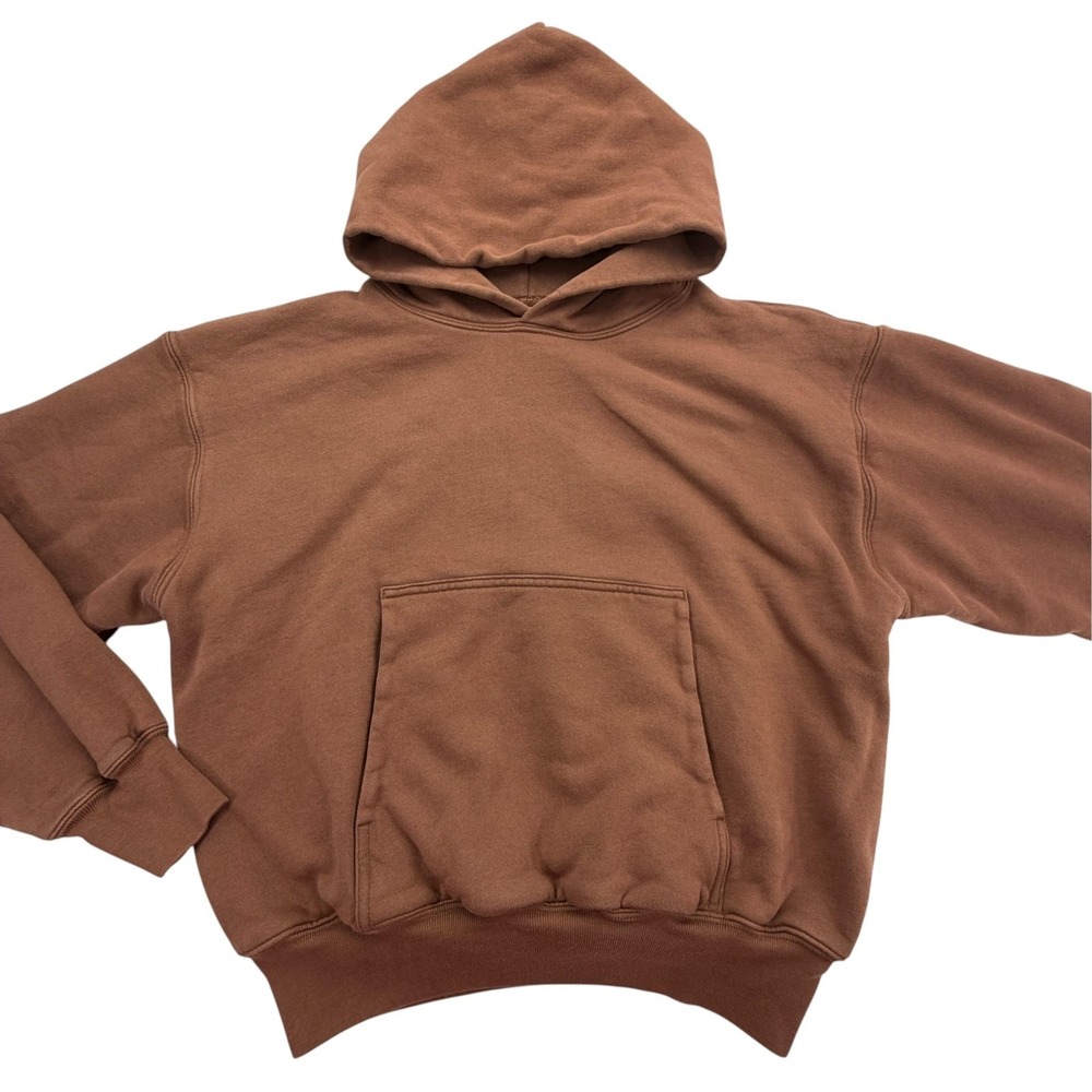 YZY Hoodie Mens S Brown Pullover Hooded Pockets Tagless Fleece Logo Relaxed